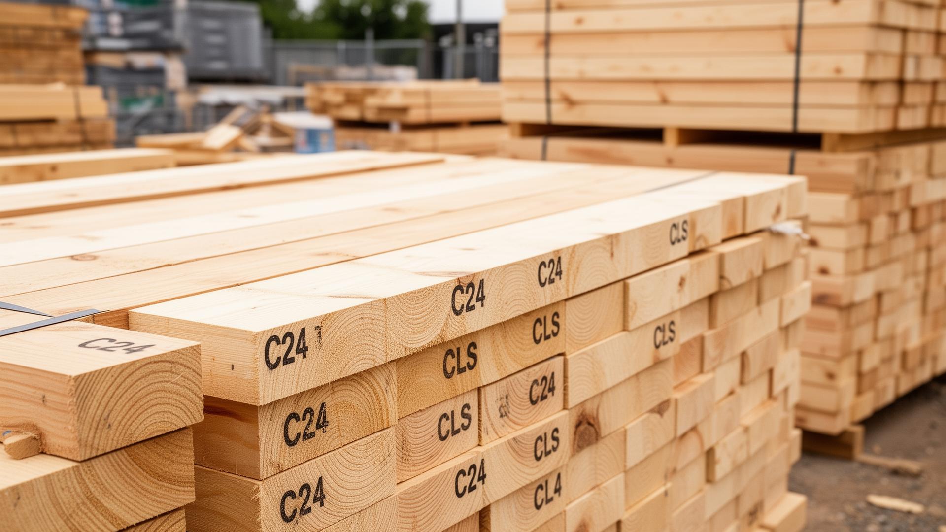 Stacks of grade-stamped C24 structural timber and CLS treated lumber at a UK builders merchant yard